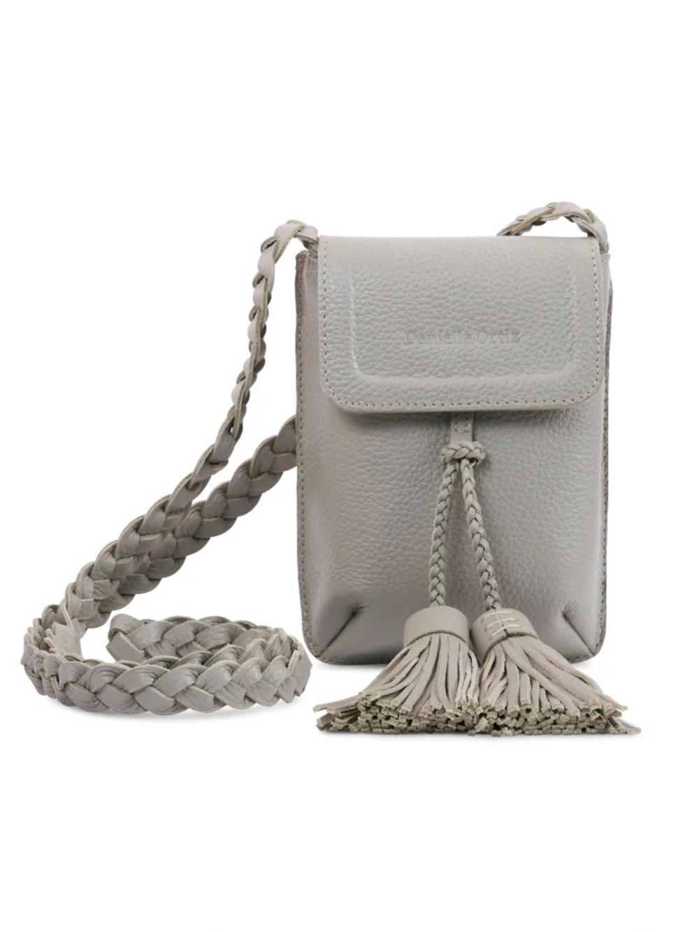 Leather Braided Tassel Crossbody Phone Bag - stone color
